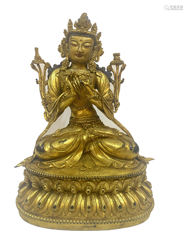 A GILT-BRONZE FIGURE OF MANJUSRI.MARK OF YONGLE