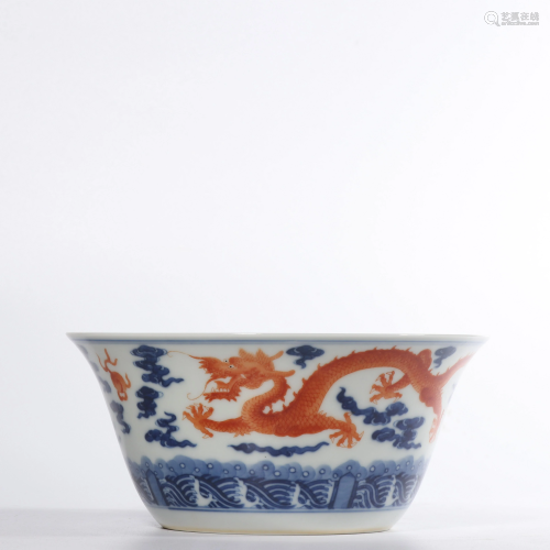 A BLUE AND WHITE COPPER-RED 'DRAGON' BOWL.MARK OF