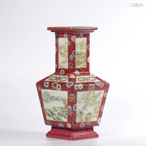 A RUBY-GROUND FAMILLE-ROSE VASE.MARK OF QINGLONG