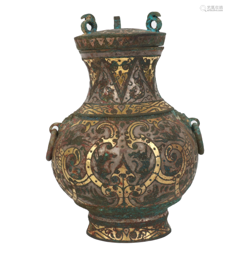 A GOLD-INLAID BRONZE VESSEL AND COVER.HAN PERIOD