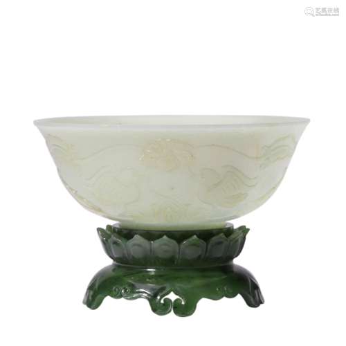 Mandarin Duck Pattern Jade Bowl with Lotus Base