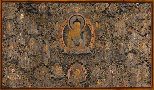 Gautama Buddha and Arhat Pattern, Gold Tracing Thangka