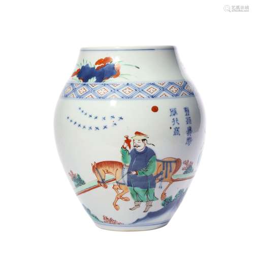 Colored Figure Pattern Blue and White Porcelain Jar