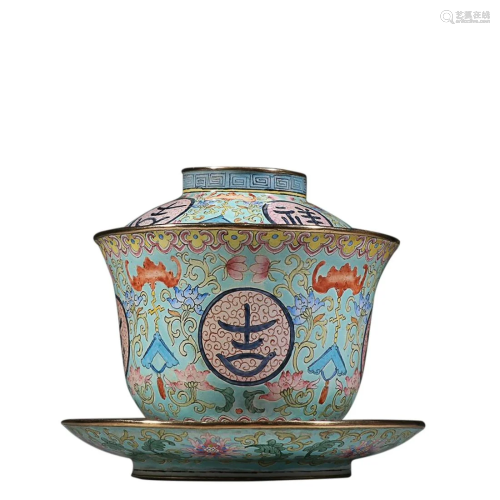 A CANTON ENAMEL 'BAT AND LOTUS' COVERD CUP