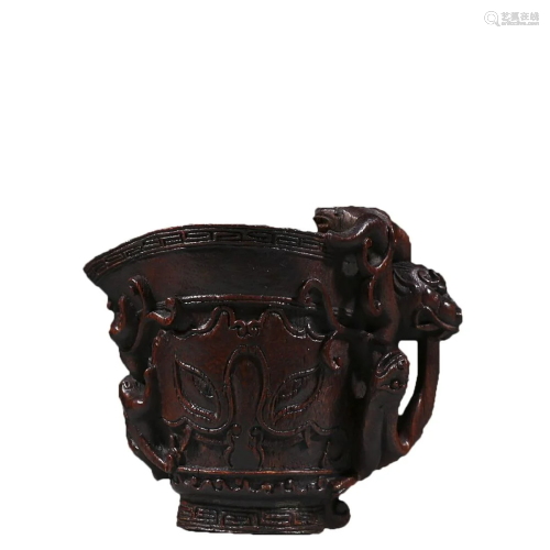 A CARVED AGARWOOD â€˜CHILONGâ€™ CUP