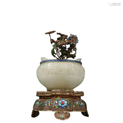 A GILT -SILVER FILIGREE AND BLUE ENAMEL BONSAI WITH