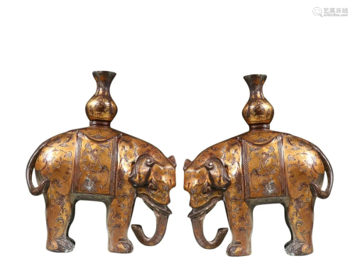 PAIR OF GOLD AND SILVER-INLAID BRONZE ELEPHANTS
