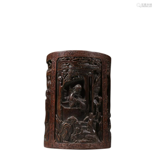 A CARVED AGARWOOD â€˜FIGURE STORYâ€™ BRUSHPOT