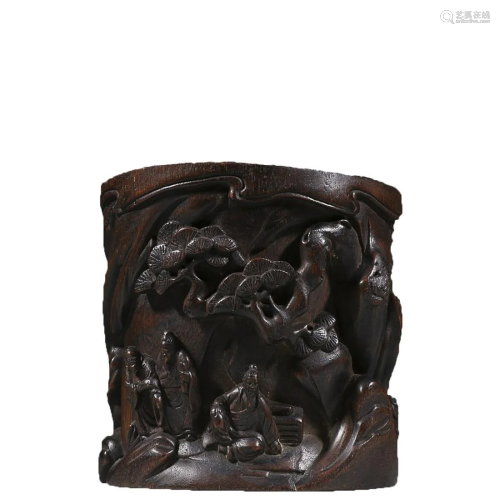 A CARVED AGARWOOD â€˜ FIGURE STORY â€™ BRUSHPOT