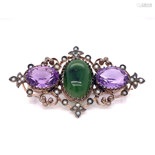 Victorian Silver Pearl Jade Amethyst Brooch