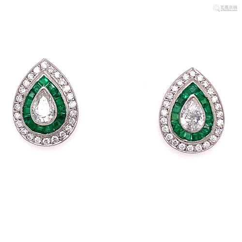 Platinum Diamond Emerald Pear Earrings