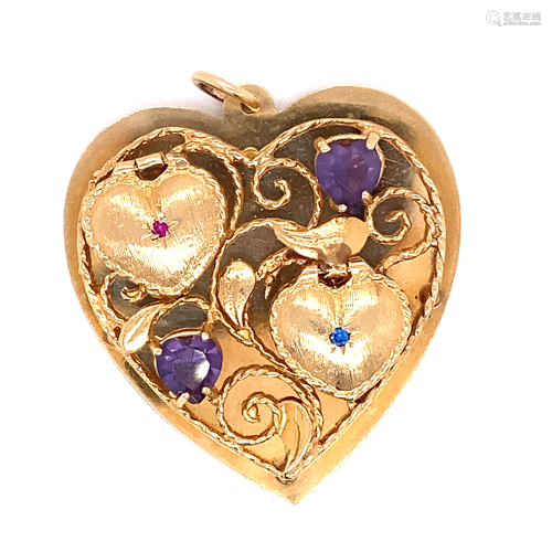 14k Amethyst 2 Heart Locket Pendant