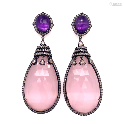 Silver Rose Quartz Diamond Drop Earrings