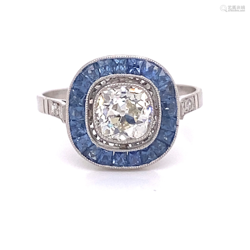 Platinum Diamond Sapphire Square Ring