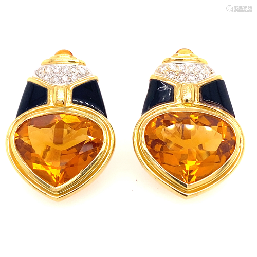 18K Diamond Onyx Citrine 80’s Earrings