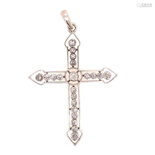 18k Art Deco Euro Cut Diamond Cross Pendant