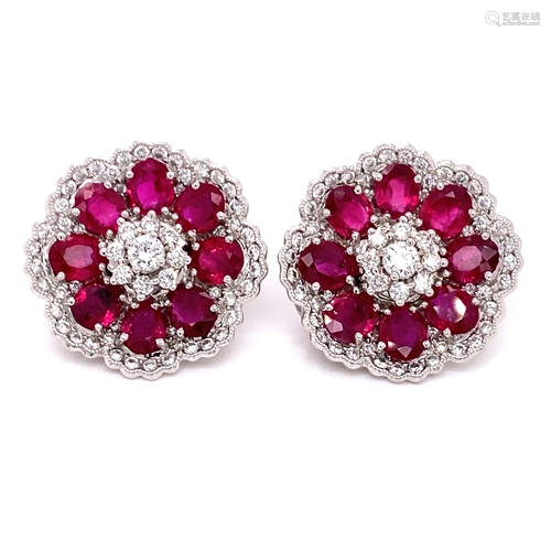 18k Diamond Ruby Flower Earrings