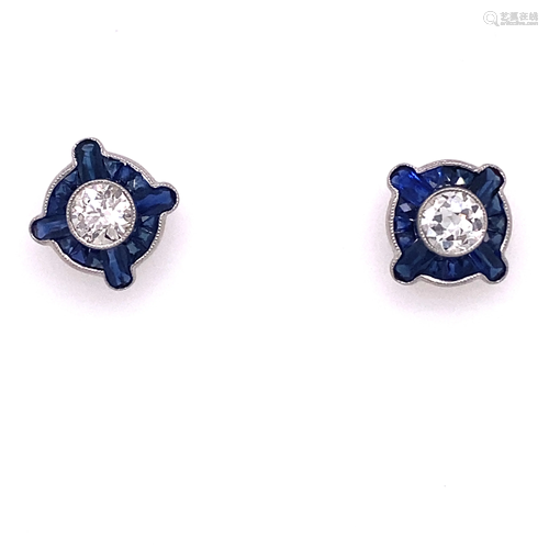 Platinum Diamond Sapphire Stud Earrings