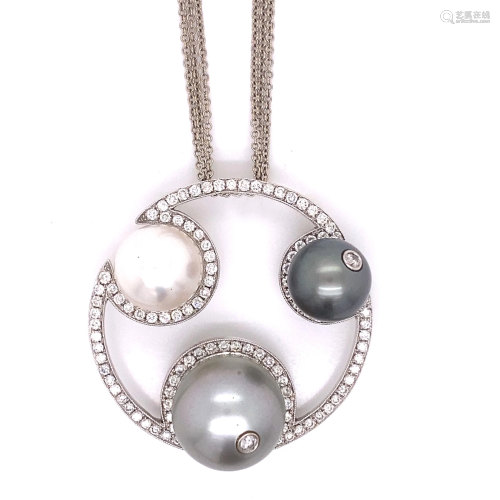 18k 3 Color Pearl Diamond Circle Pendant