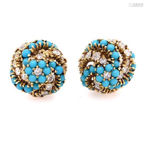 18K Diamond Turquoise Twisted Clip Earrings