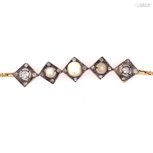 Victorian Platinum Gold Diamond Pearl Bracelet