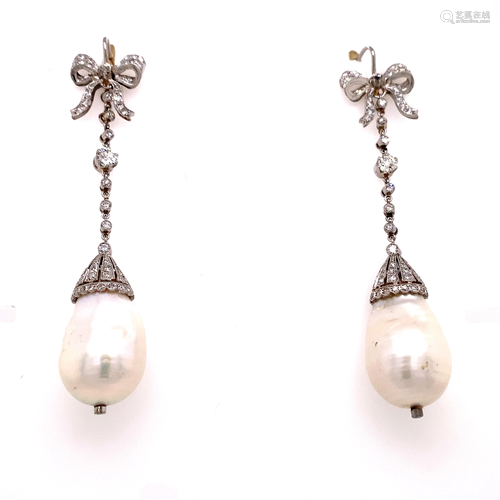 Platinum Bow Pearl Long Diamond Earring