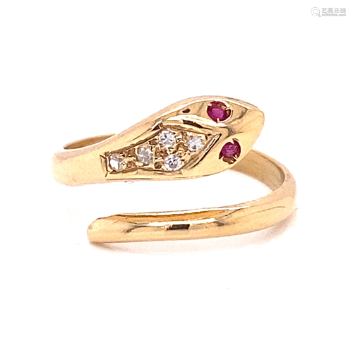 Victorian 18K Snake Diamond Ruby Ring