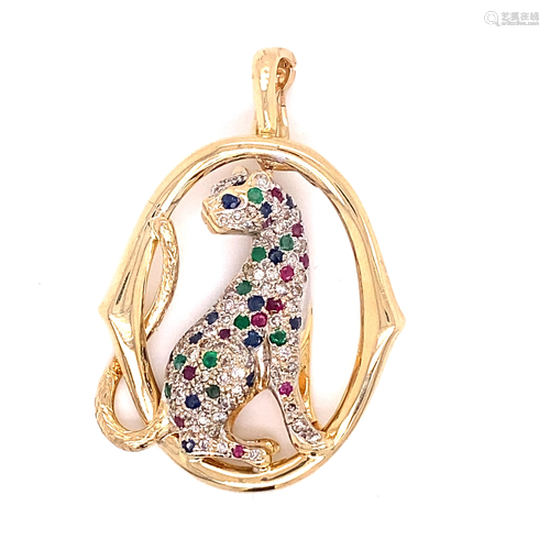 18K Multicolor Precious Stones Panther Pendant