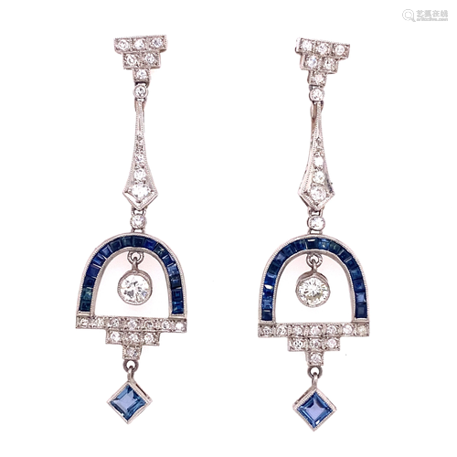 Platinum Diamond Sapphire Dangling Earrings