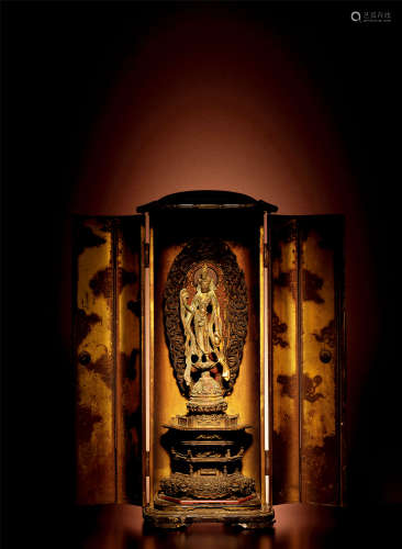唐 銅鎏金觀音像、佛龕