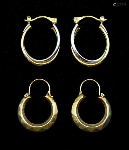 Pair of white and yellow gold hoop earrings and one other pa...