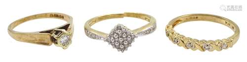 Three 9ct gold diamond set rings