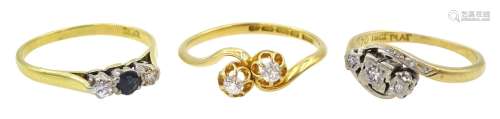 Early 20th century gold two stone diamond crossover ring