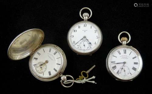 Two silver open face keyless lever pocket watches by Favre-L...
