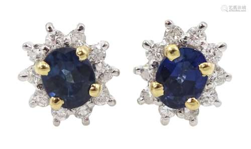 Pair of 14ct white and yellow gold sapphire and diamond clus...
