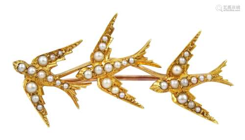 Victorian gold split pearl swallow brooch