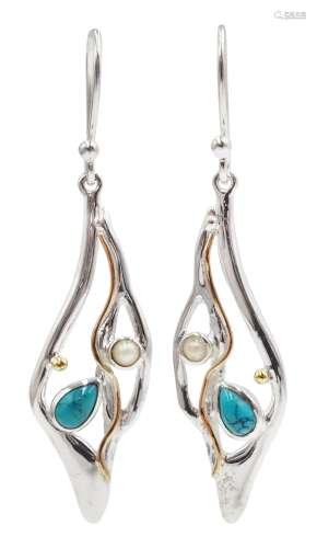 Silver and 14ct gold wire turquoise and pearl pendant earrin...