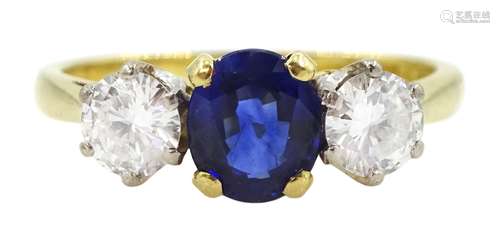 18ct gold three stone oval sapphire and round brilliant cut ...