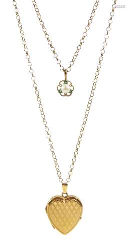 9ct gold pearl and emerald pendant necklace and a 9ct gold h...