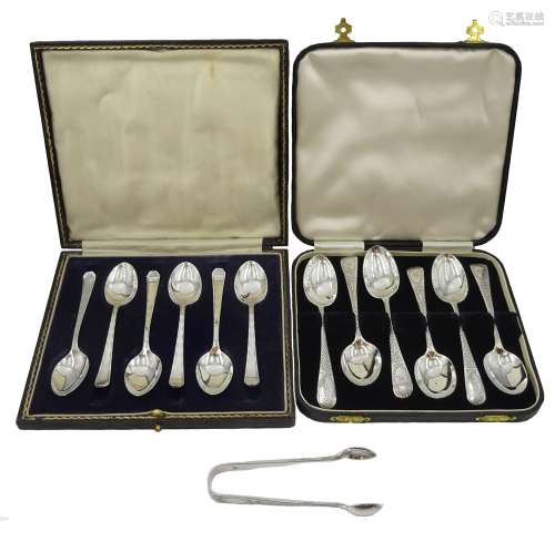 Set of six Victorian teaspoons and matching sugar tongs