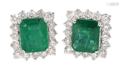 Pair of 18ct white gold emerald and round brilliant cut diam...