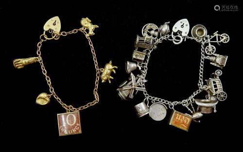 Gold link bracelet with five charms including money box