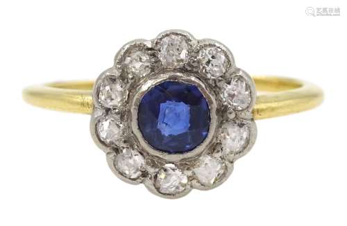 18ct gold round sapphire and old cut diamond cluster ring