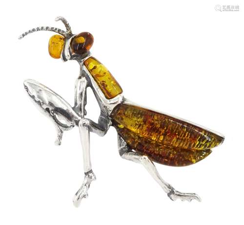 Silver amber grasshopper pendant