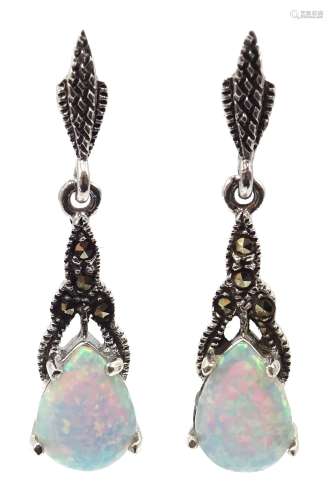 Pair of silver opal marcasite pendant earrings