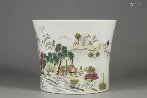 A FAMILLE ROSE PORCELAIN 'LANDSCAPE' BRUSH POT