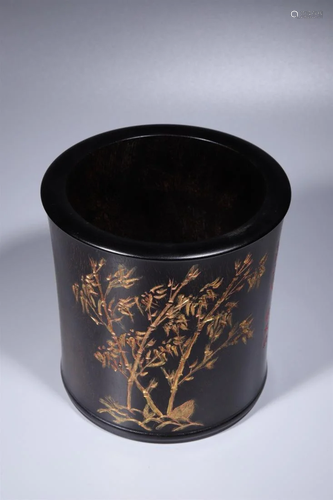 A HARDWOOD CARVING 'BAMBOO' BRUSH POT