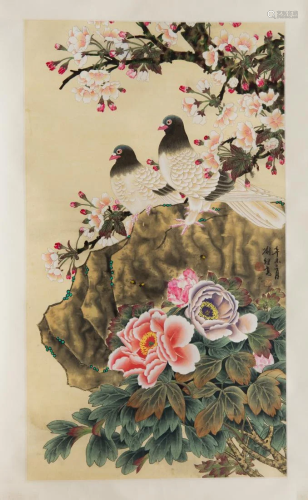 A PAINTING OF TWO DOVES AND FLOWERS, YU JIGAO