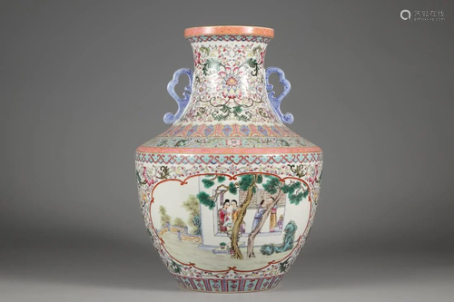 A FAMILLE ROSE NARRATIVE FIGURAL MOON VASE