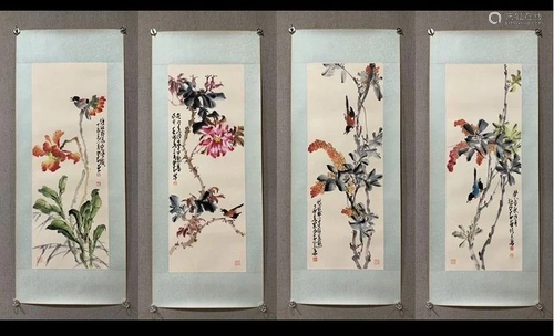 FOUR-PANEL PAINTING OF BIRD & FLOWER, ZHAO SHAOANG